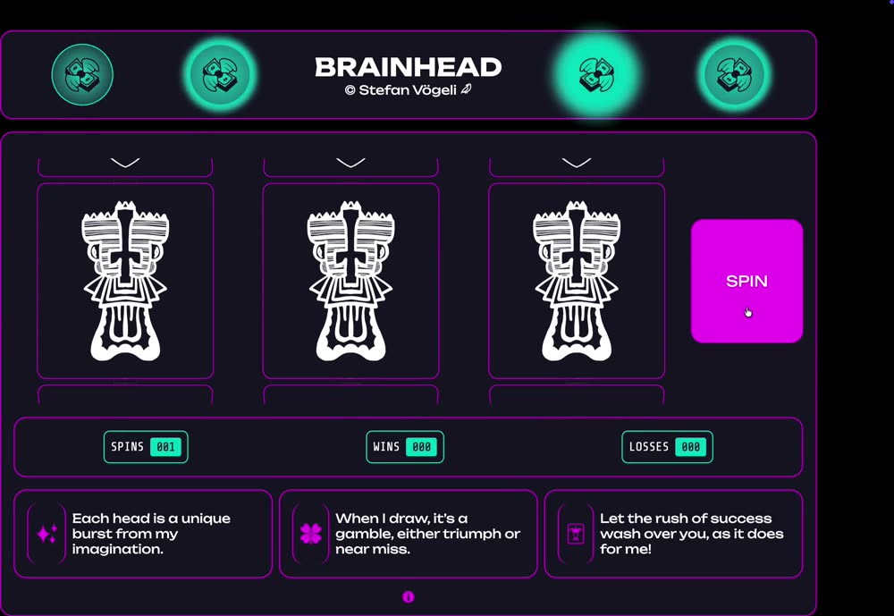Video showing the brainhead slot machine in action, spin and win, yay.