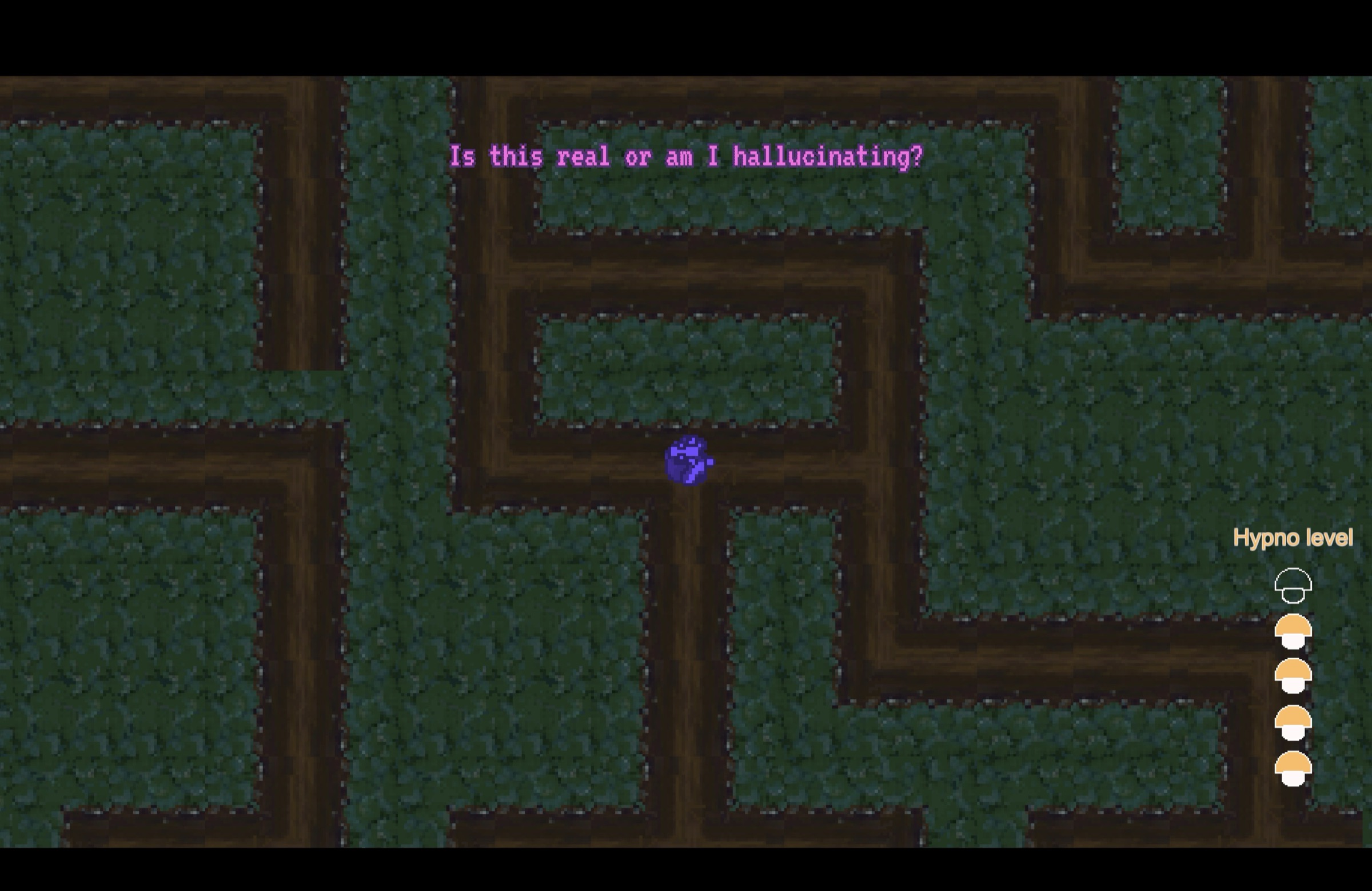 Hypno level 5. The maze can be escaped, but hallucinating overlays are added on top of the map. "Is this real or am I hallucinating?"