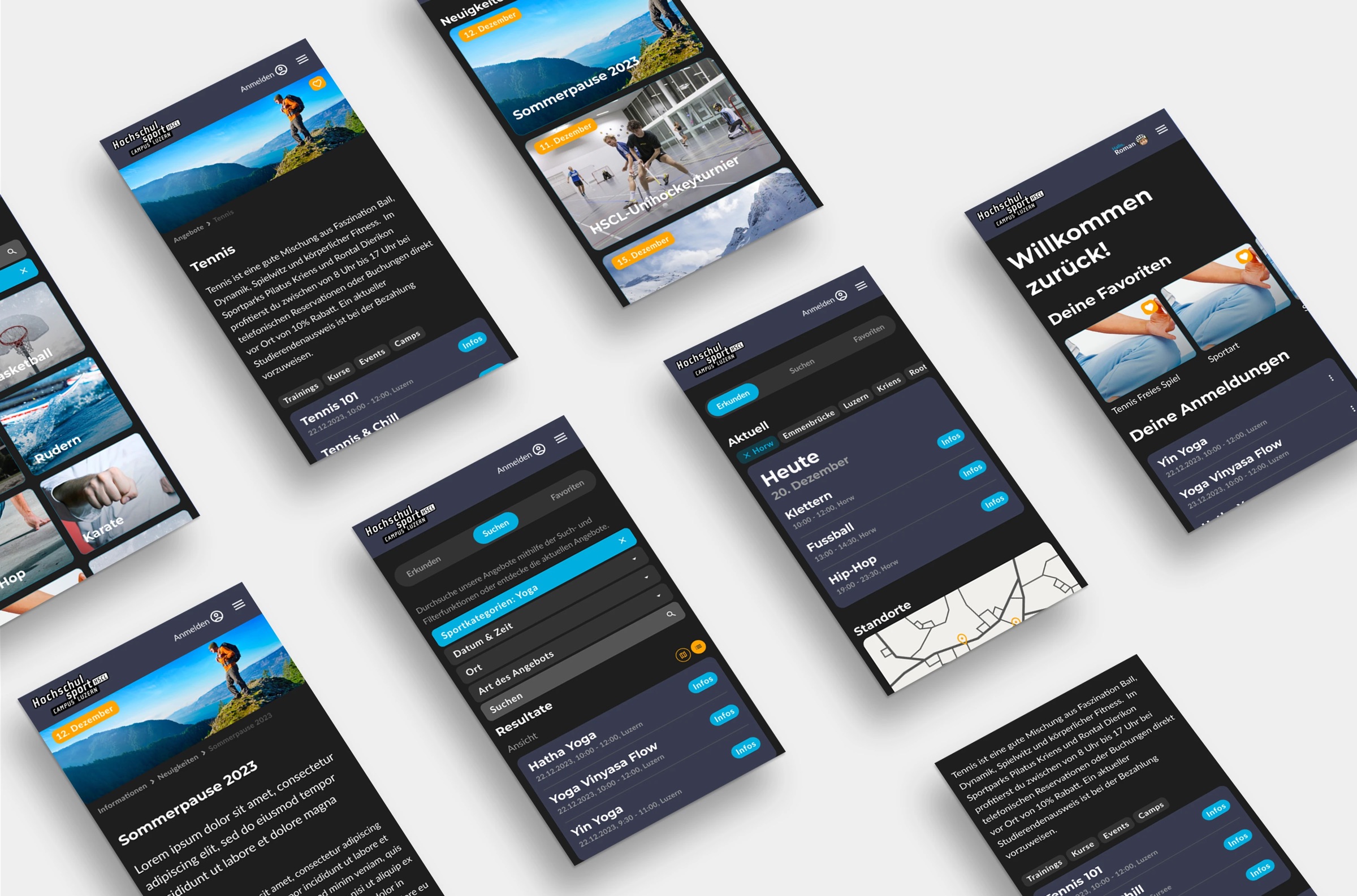 The screens of the prototype. Sport detail pages, the news feed, the search panel with its filter stack, the chronological day view with the location map, and the returning user view with favourites and bookings.