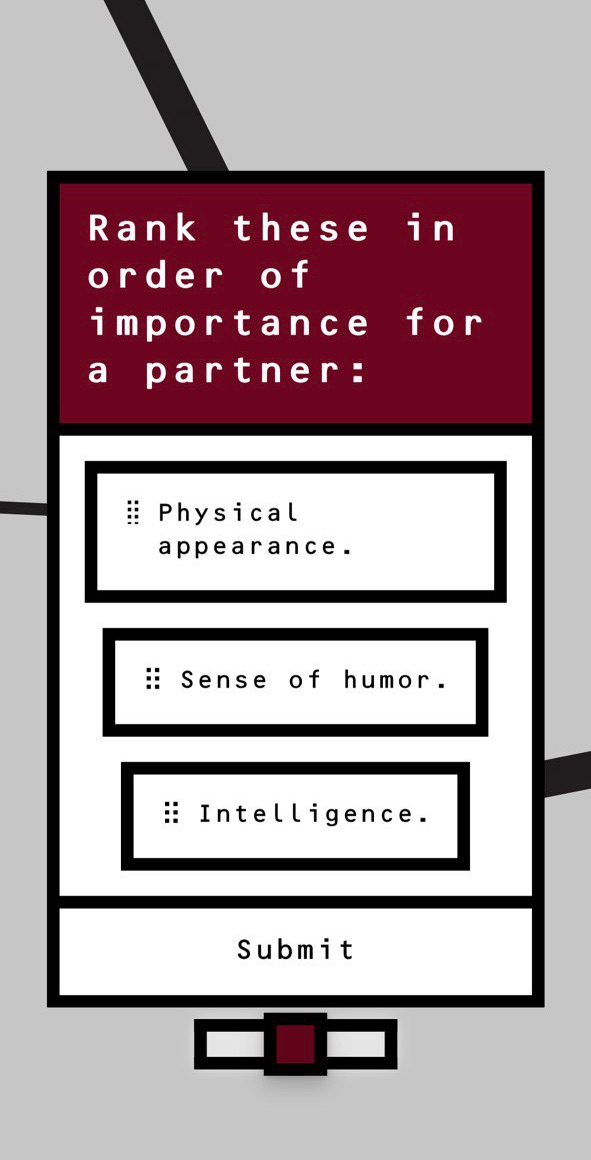 A ranking challenge. Physical appearance, sense of humor and intelligence, dragged into order of importance for a partner.