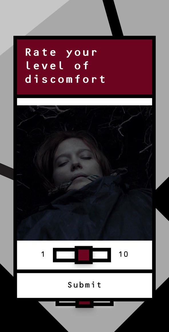 A rating challenge. A still from the film with a one to ten slider under it, asking the player to rate their level of discomfort.