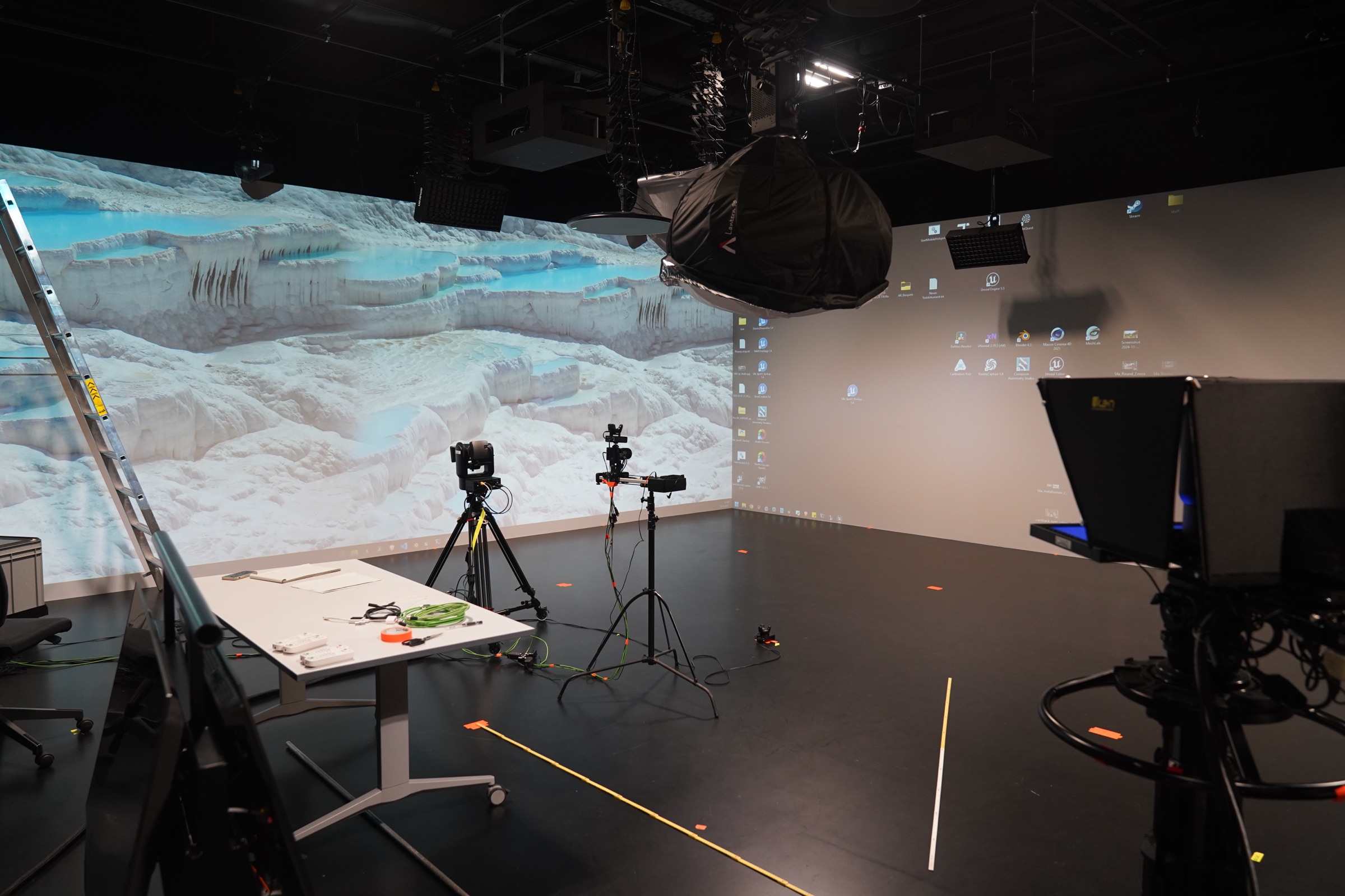 Shot showing the test setup and the studio.