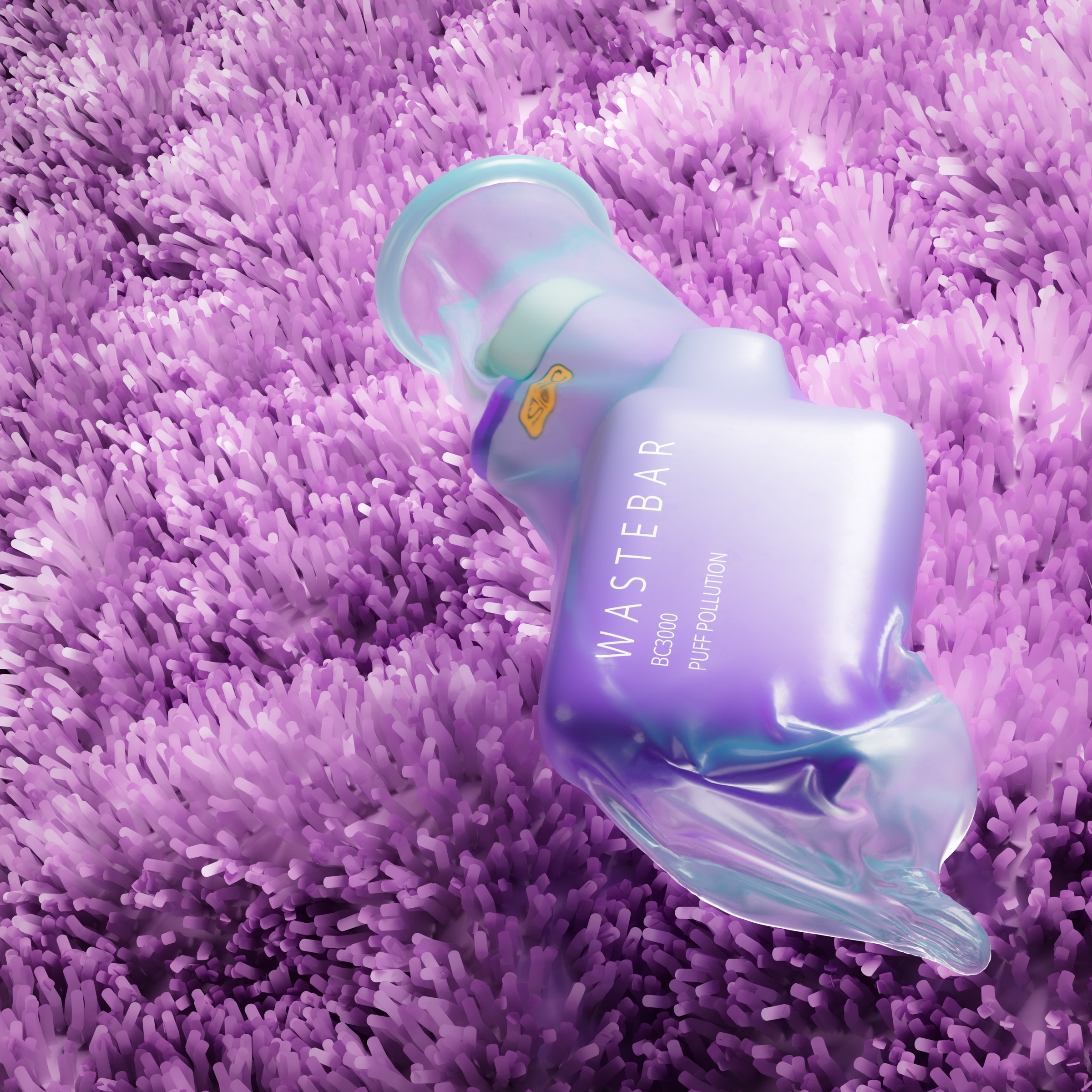 Final render. The Wastebar vape and the SiC lighter sealed inside a condom, lying on a carpet. Everything is pastel, soft and glossy.