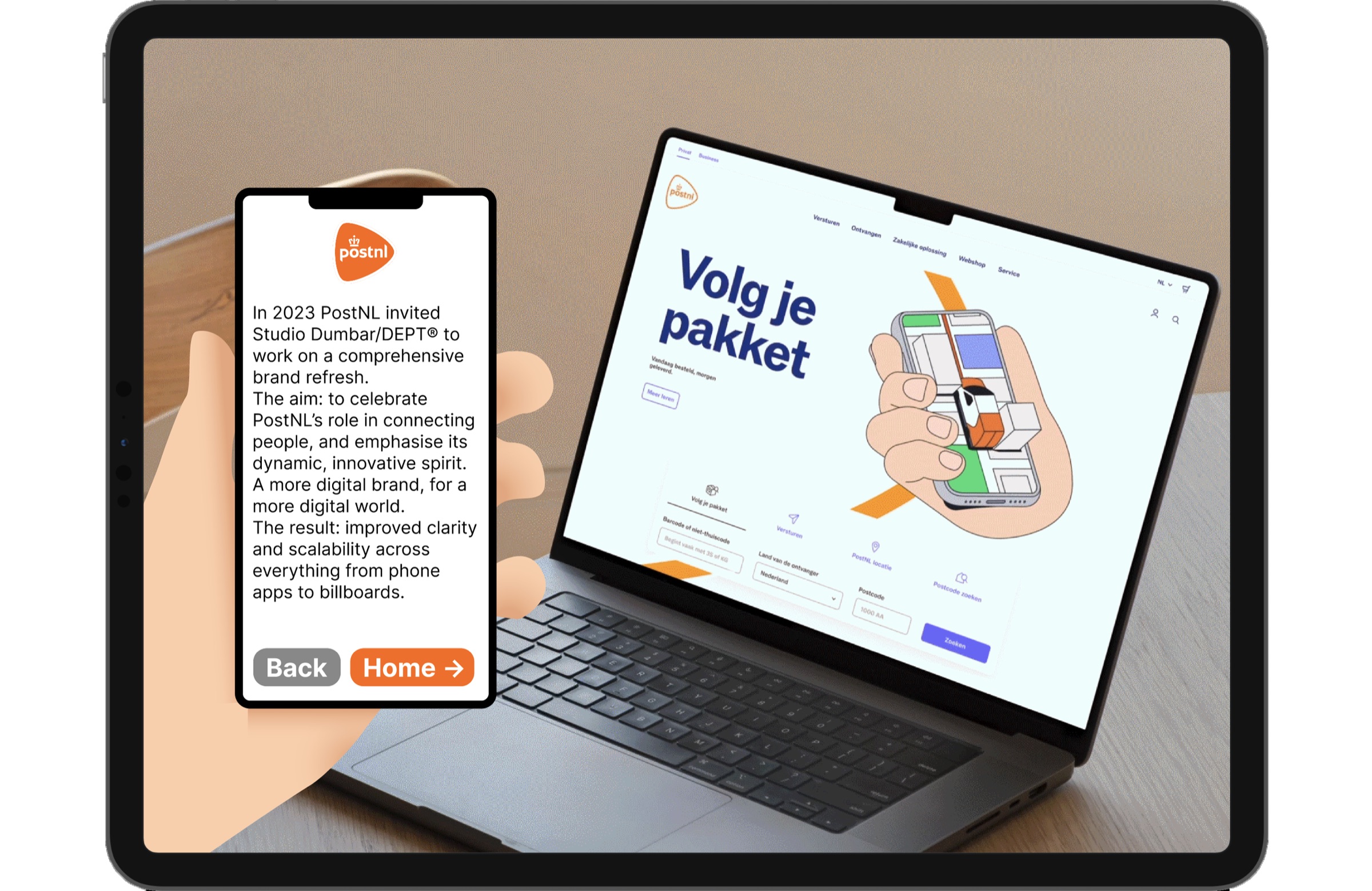 A hand holding a phone with the most recent PostNL identity, and a laptop screen showing the refreshed identity and its new elements.